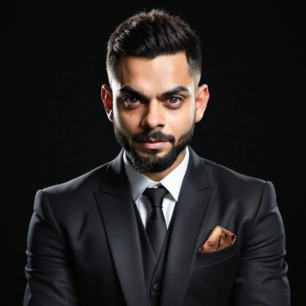 Prompt: Virat Kohli poster, elegant black suit, sophisticated aura, professional portrait, high quality, elegant vibe, black background, detailed facial features, sleek design, professional lighting, black suit, elegant aura, best quality