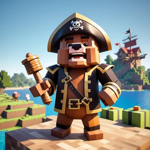 Prompt: Disney Pixar character, 3d render style, old pirate evil laugh, cinematic colors a cute Minecraft bear with honey as in Minecraft interface
