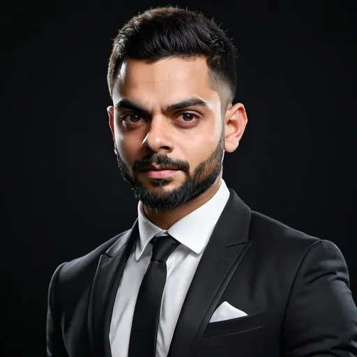 Prompt: Virat Kohli poster, elegant black suit, sophisticated aura, professional portrait, high quality, elegant vibe, black background, detailed facial features, sleek design, professional lighting, black suit, elegant aura, best quality make it look very realistic

