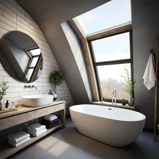 Prompt: loft design bathroom with a large window
