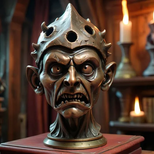 Prompt: A creepy, bronze-colored brazen head. Placed inside of a mystical sorcerer's room.