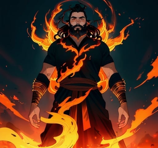 Prompt: God of fire, male with dark brown hair and beard, piercing orange eyes, standing next to a towering pillar of fire, divine, intense, high-res, fiery, mythical, dark tones, dramatic lighting, powerful presence