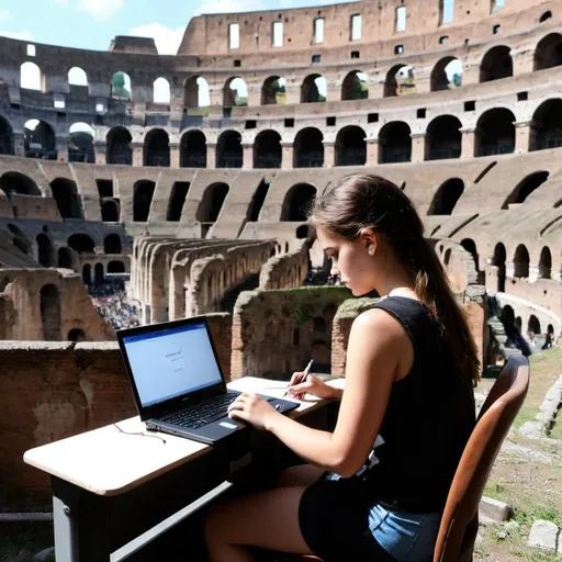 Prompt: a girl taking a test on pc in the middle of coleseum in rome