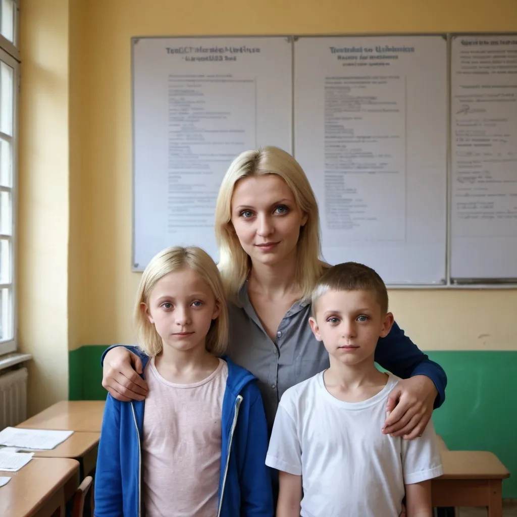 Prompt: This is a Ukrainian family of three, a mother and her two children: one daughter and one boy. Tmother who is tall, has blue eyes and blond hair. There are two children, a boy aged 5 with short hair and a girl, aged 11 with long blond hair. They are wearing casual chic outfits and behind them there is a background of a primary school with teaching resources and educative posters on the wall. They live in France because they left Ukraine in 2022 because of the war/.