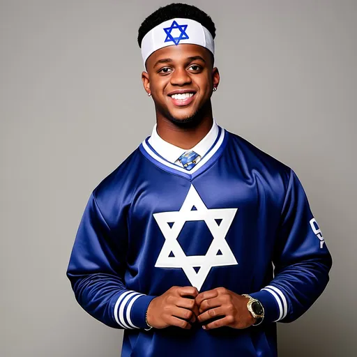 Prompt: Juju smith schuster wearing a Star of David and Jewish attire