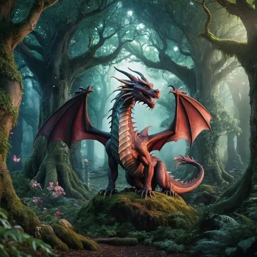 Prompt: a dragon standing in the middle of an enchanted forest