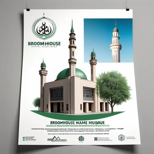 Prompt: a flyer for a new broomhouse mosque logo competition with a picture of a building and a clock tower, Adam Bruce Thomson, hurufiyya, poster, a digital rendering