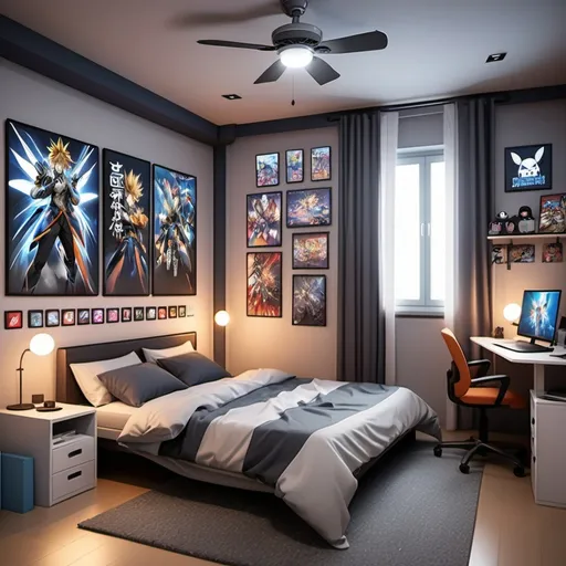 Prompt: Create an image of a room with a standing fan with a medium-sized bed in the middle with a wardrobe decorated with anime characters pictures also with a table by the side of the bed with a laptop on it. The room should also look like a gamers toom