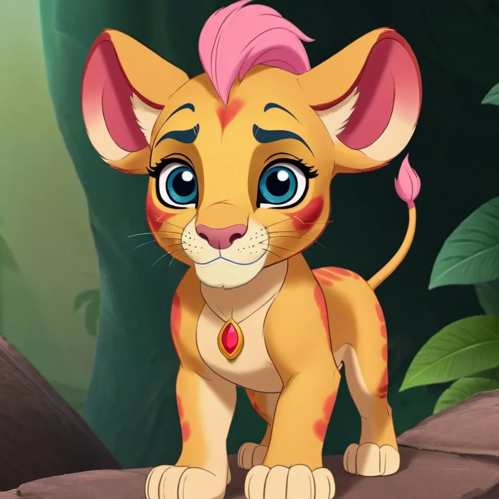 Prompt: Create a cute lion guard picture from the TV show the lion guard of kion as a girl with pink eyes and blue ears