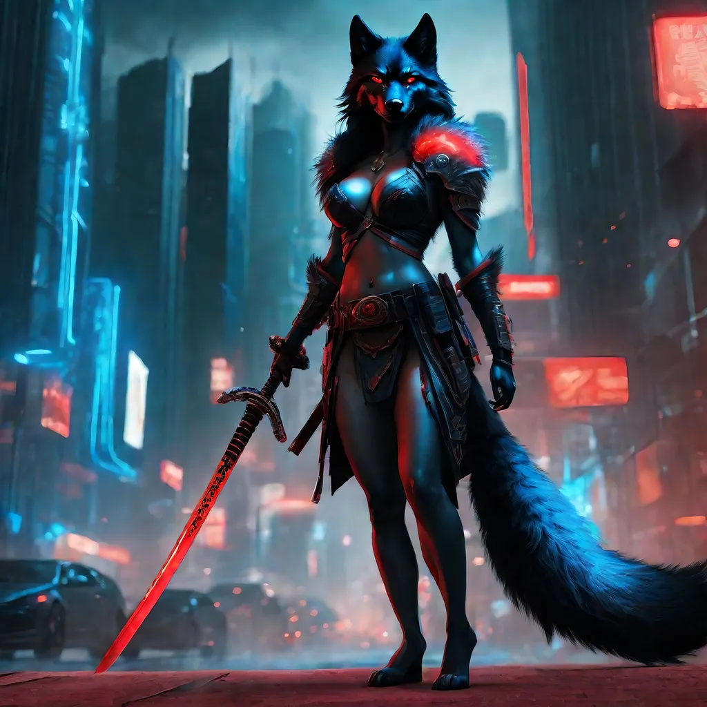 Prompt: an anthropomorphic female black wolf in black armor and holding two glowing blue katanas in a futuristic city, flying futuristic cars in the sky, sci-fi, dark, 8k, hyper realistic, hyper detailed, photo realistic, professional, GFP-GAN