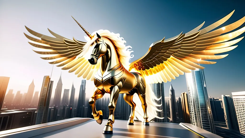 Prompt: an anthropomorphic bipedal winged unicorn stallion in golden futuristic body armor holding a flaming sword in his right hand standing upright over a futuristic city,  huge wingspan, glowing white eyes, long wavy white mane and tail hair, long forelocks from forehead flow into his face, muscular masculine physique, 8k, full body detailed, wide angle shot, photo realistic, hyper detailed, professional, GFP-GAN