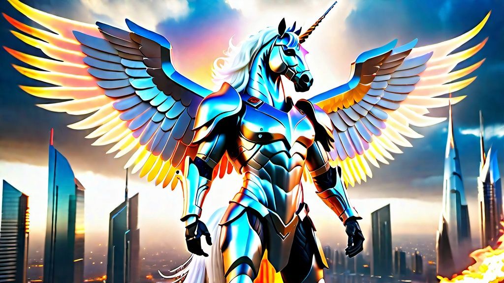 Prompt: an anthropomorphic bipedal winged unicorn stallion in golden futuristic body armor holding a flaming sword in his right hand standing upright over a futuristic city,  huge wingspan, glowing white eyes, long wavy white mane and tail hair, long forelocks from forehead flow into his face, muscular masculine physique, 8k, full body detailed, wide angle shot, photo realistic, hyper detailed, professional, GFP-GAN