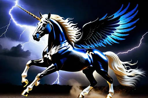 Prompt: A winged black unicorn stallion rearing up with his horn glowing a blue-white light and flashes of lightning all around with a storm circling over head, white hair for his mane and forelocks and tail-hair, golden highly detailed ornamented boots on his hooves, black fetlock hair flinging around hooves, dark, moody, 8k, hyper detailed, photo realistic, professional, GFP-GAN