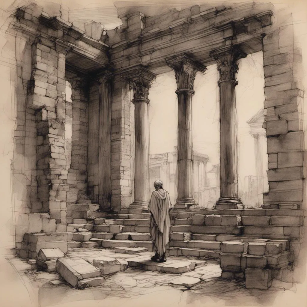 Prompt: <mymodel>(muted colors), pencil-sketch of (philosopher Aristotle) standing amidst the ruins of a (dilapidated Roman temple), dark theme, shadows accentuating the intricate architecture, a sense of melancholy and wisdom, atmospheric mood reflecting philosophical reflection, (highly detailed), surrounding landscape adds to the mystical ambiance, emphasizing the exquisite craftsmanship of the sketch.