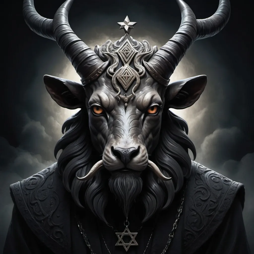 Prompt: (realism style), dark color scheme, (ominous) atmosphere, a surreal portrayal of a Jewish deity represented as an animal, featuring distinct (curved horns) on its head, evoking a sense of mystery and fear, intricate details of features like fur and eyes, shadowy background enhancing the (intimidating) vibe, high quality, ultra-detailed.