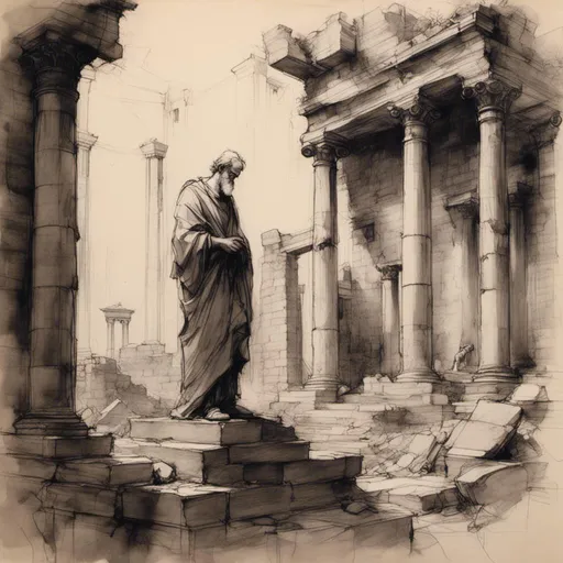 Prompt: <mymodel>(muted colors), pencil-sketch of (philosopher Aristotle) standing amidst the ruins of a (dilapidated Roman temple), dark theme, shadows accentuating the intricate architecture, a sense of melancholy and wisdom, atmospheric mood reflecting philosophical reflection, (highly detailed), surrounding landscape adds to the mystical ambiance, emphasizing the exquisite craftsmanship of the sketch.