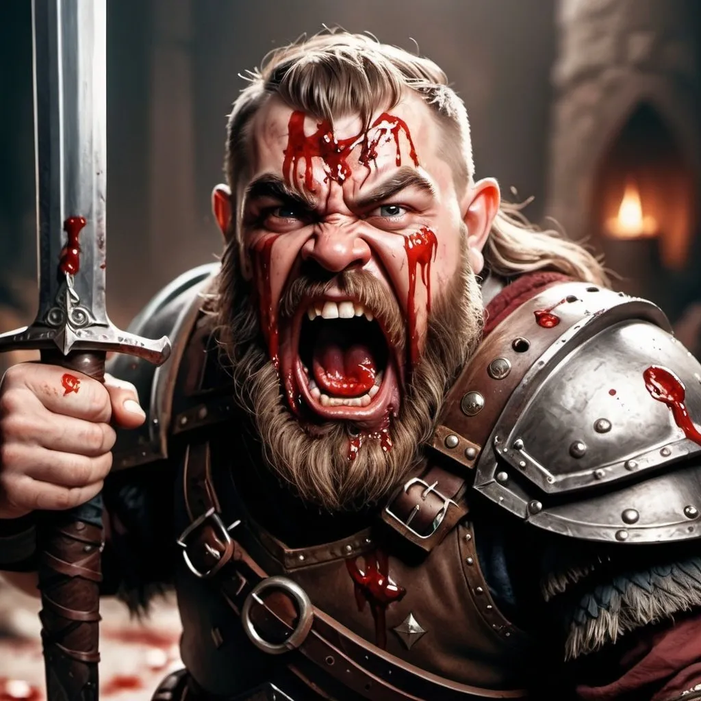 Prompt: hyper-realistic dwarf infantry soldier covered in blood holding sword over head and yelling, fantasy character art, illustration, dnd, warm tone