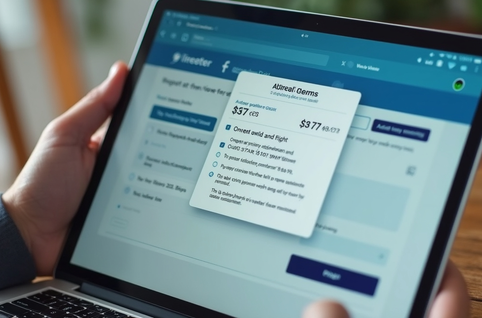 Prompt: 1000x667, no text
A digital flight booking page on a laptop or phone showing a low fare, but with a popup or fine print revealing added costs like seat selection or baggage fees. The user looks surprised or frustrated. Style: Close-up, modern realistic style.