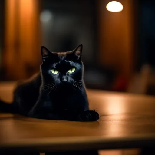 Prompt: A black cat sitting on the table at night
