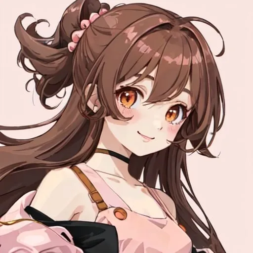 Prompt: A peach animated girl who has VERY long dark brown hair that is put down and a light pink crop top BROWN eyes with a light pink background who is smiling