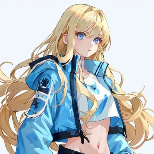 Prompt: A very very pretty girl that has long blonde hair and blue eyes with a light blue crop top shirt with a puffy jacket and some cool light blue nails