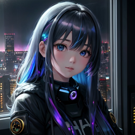 Prompt: anime style masterpiece illustration of one young girl at a window showing a big cyberpunk city at night, the girl is chilling peacefully in a fluffy chair, in a futuristic and cosy interior, colorgrading , anatomically correct, delicate facial features, enhance facial features, accurate anatomy, ultra fine details, correct architecture, correct furniture, ensure overall good composition, vivid colors, soft shimmering, lights, iridescent, sharp focus, trending on artstation, 8k