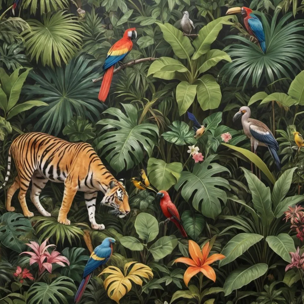 Prompt: A photorealistic oilpaint on canvas style wallpaper patterned with jungle plants, flowers and trees from east africa of all kinds.
the layout can be in a scale of a typical where's waldo scene.  The plants are overlapping and hiding hyper photorealistic parts showing of 50 animals and birds found in Uganda that are proportionaly sized to each other. a maximum of 20% of any animal shoukd show from behind cover of foliage. 