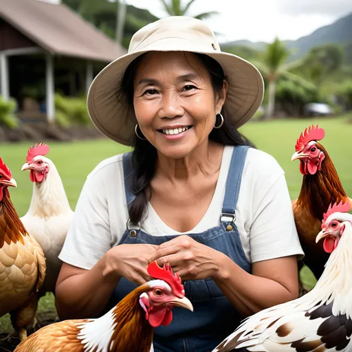 Prompt: Can you create images based on the script below you wrote for me? I need the following 1) heartfelt and sincere photos of someone that looks like my cousin. She’s Filipino, 52, and wears bucket hats. 2) beautiful images of Kailua, Honolulu 3) images of an older Hawaiian woman tending to chickens on the island 4)someone that looks like me, I’m a 40 year old Chinese and Vietnamese lady with long brown hair. Please make me look professional 5)sunset images of houses in Kailua around $1.75M.