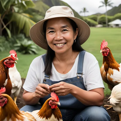 Prompt: Can you create images based on the script below you wrote for me? I need the following 1) heartfelt and sincere photos of someone that looks like my cousin. She’s Filipino, 52, and wears bucket hats. 2) beautiful images of Kailua, Honolulu 3) images of an older Hawaiian woman tending to chickens on the island 4)someone that looks like me, I’m a 40 year old Chinese and Vietnamese lady with long brown hair. Please make me look professional 5)sunset images of houses in Kailua around $1.75M.