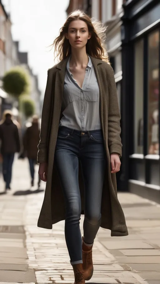 Prompt: Tall young woman walking down the high street, detailed clothing, realistic, natural lighting