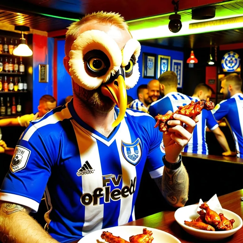 Prompt: Barry Bannan Sheffield Wednesday jersey footballer Owls eating chicken wings at a bar in Germany 