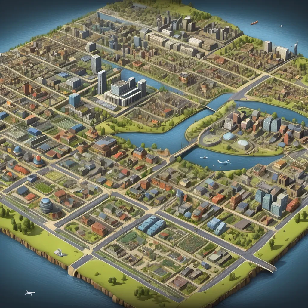 Prompt: a city including all these and be sure to label them and also have them be very realistic
• Agricultural fields
• Landing field for planes
• Fish Hatchery
• River
• Bridge
• Path
• Playing fields
• Dwelling places or homes
• Auditorium
• Central Plaza
• Food Distribution Center
• Hall of Open Records
• Hall of Closed Records
• Birthing Center
• Nurturing Center
• House of the Old, with annex
• School
• Childcare Center
• Factories
• Offices