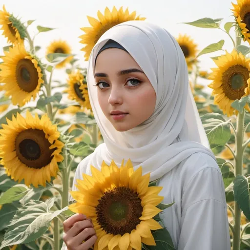 Prompt: Muslim girl next to sunflower in white masterpiece with high quality details in beautiful anime style