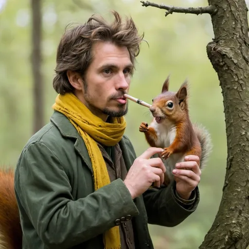 Prompt: human male, brown hair, goatee, unkempt, yellow scarf, green tattered jacket, tramp, holding a flute, red squirrel perched on a branch in background