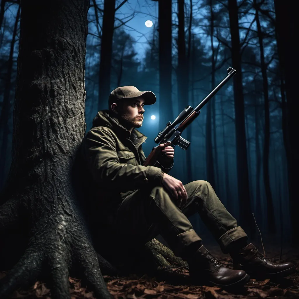 Prompt: Create a photo of a Hunter which is sitting in a dark forest upon a tree with a gun at night

Create a photo of a Hunter which is sitting in a dark forest upon a tree with a gun at night