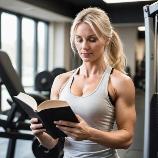 Prompt: a blond woman doing work out in the gym and reading a book