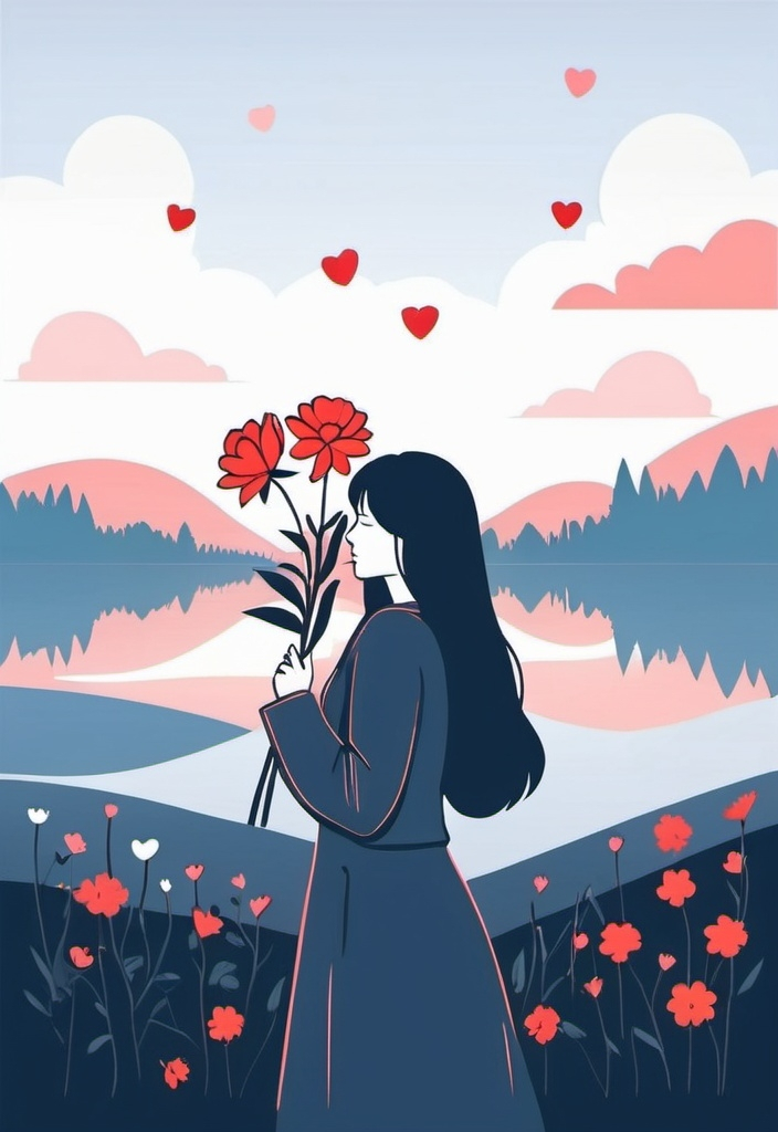 Prompt: The girl with flowers , Valentine's Day ,svg, flat minimal line vector design, white background