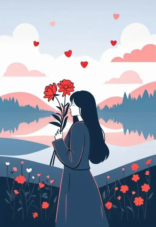 Prompt: The girl with flowers , Valentine's Day ,svg, flat minimal line vector design, white background