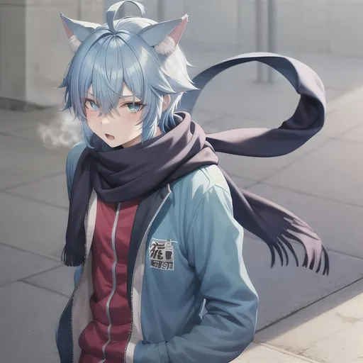 Prompt: Catboy with lightblue hair over one eye, Blue eyes, wearing sport clothes, long scarf, standing in Urban enviroment