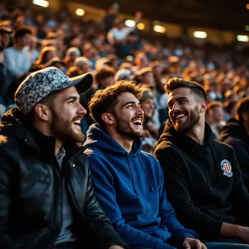 Prompt: A vibrant gathering unfolds in a stadium, where three young men sit closely together in the foreground, captured mid-conversation or perhaps a lighthearted moment. The two on the left display distinct styles; one sports a patterned cap and a black jacket, while the other wears a sporty, blue zip-up hoodie, both exuding a casual vibe. The third individual, on the right, features a groomed beard and a dark sweatshirt with a logo, offering a confident expression. Behind them, a sea of fans can be seen, some engaged in lively discussions and others focused on the event, creating an atmosphere of excitement and camaraderie. The lighting suggests a late afternoon or early evening setting, enhancing the dynamic energy of this spirited crowd at a sports event.