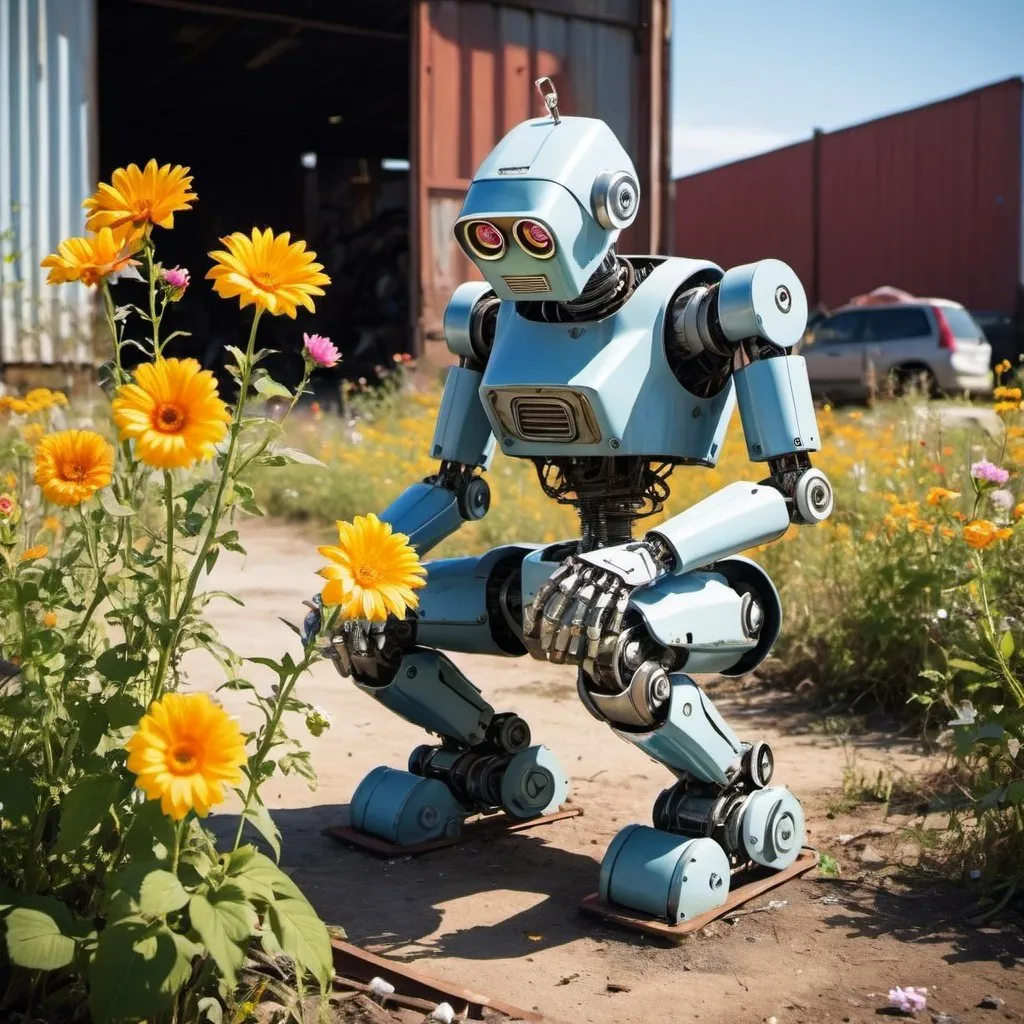 Prompt: Junkyard robot squatting picking a flower