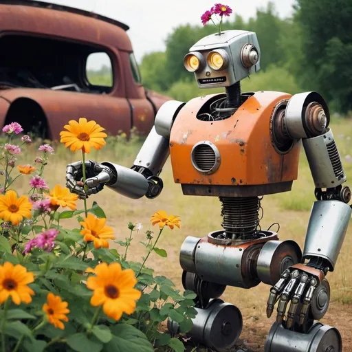 Prompt: Junkyard robot picking a flower