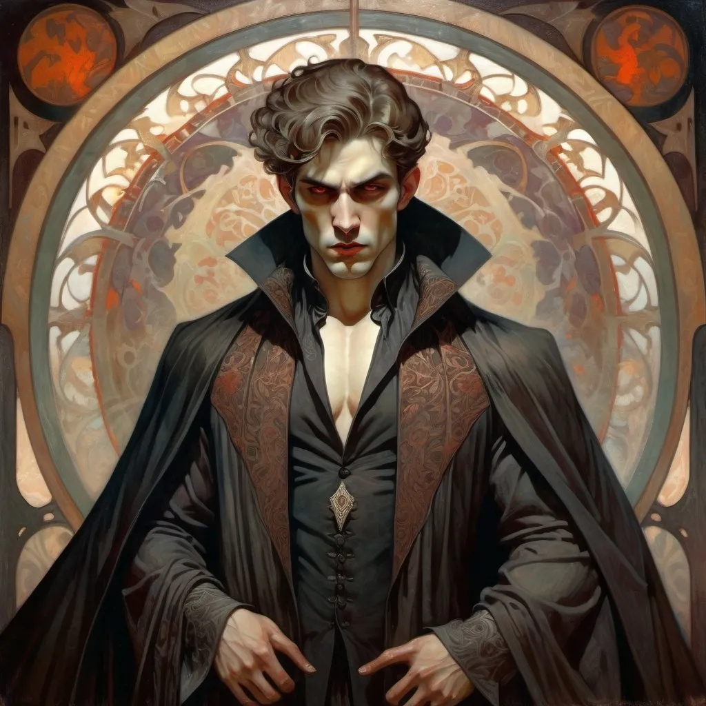 Prompt: Full-body men vampire, strong physique, serious facial expression, subtle vampire features, oil painting, detailed cloak with intricate patterns, high contrast lighting, dark and moody color tones, professional quality, traditional art style, detailed facial structure, intense gaze, atmospheric lighting