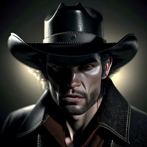 Prompt: Tall cowboy vampire with a cowboy hat and revolver, dark and mysterious lighting, realistic oil painting, detailed facial features, intense gaze, high contrast, western, menacing glare, 4k resolution, oil painting, dark and brooding tones, intense shadows, realistic, atmospheric lighting