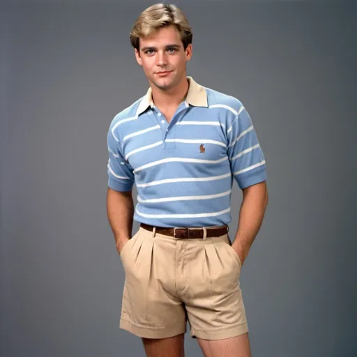 Prompt: a 1980s sitcom style full body shot of a handsome mid 20s Englishman with brushed hair, round jawline; dressed in a bengal striped blue polo shirt sleeved dress shirt, light-colored dress shorts, tan knee-high socks, dark brown leather tassel loafers