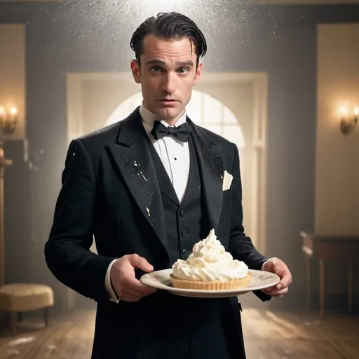 Prompt: a 1990s sitcom style full body shot of a mid 30s Welsh-American man with neatly combed hair, square jawline; dressed in a black 1920s styled tuxedo tailcoat; whipped cream pies are splattered all over him and his outfit in a roaring 20s themed setting