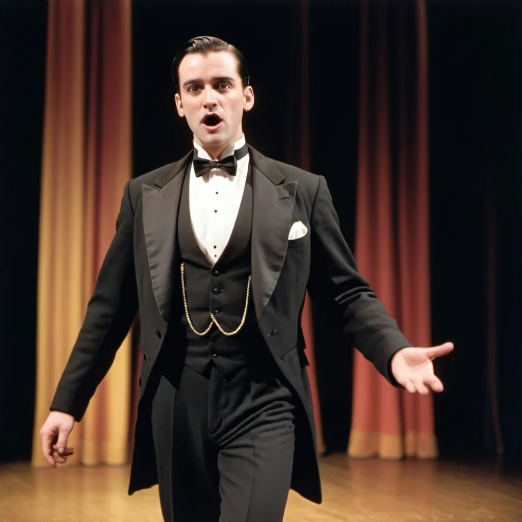 Prompt: a 1990s sitcom style full body shot of a mid 30s Welsh-American man with neatly parted hair, square jawline; dressed in a black 1920s styled tuxedo tailcoat; tap dancing on stage at a roaring 20s themed setting