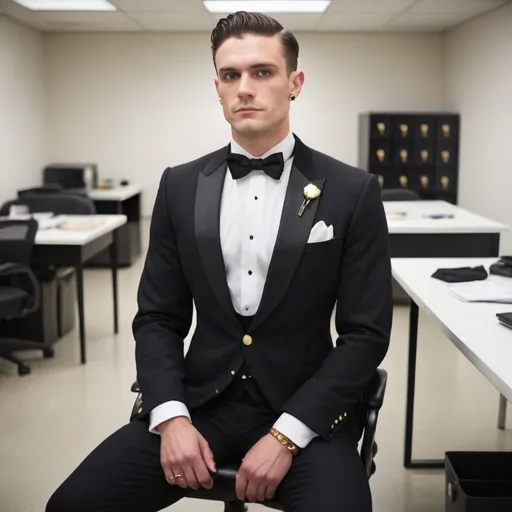 Prompt: A mid 30s Welsh-American man with combed hair and round jawline; wearing a a notch lapel black tuxedo jacket, white wingtip collar tuxedo shirt, white pocket square, gold studs and cufflinks, black bow tie, black tuxedo pants, black silk socks, shiny black oxfords; tied to an office chair with ropes, struggling; in an office setting