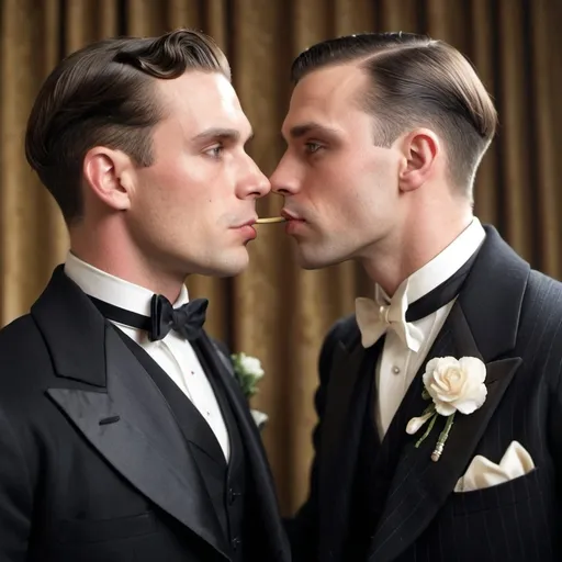 Prompt: a mid 30s handsome American wealthy man with combed hair and oval jawline; wearing a 1920s suit; kissing a mid-20s Welsh-American man with neatly brushed hair, round jawline; wearing 1920s styled tuxedo; in a roaring 20s setting