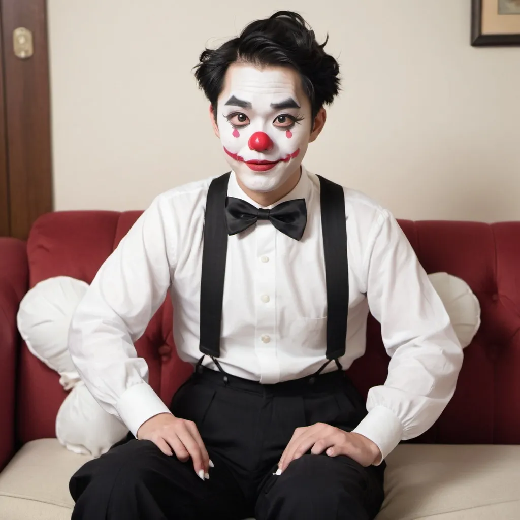 Prompt: a vintage skit style full body shot of a cute mid 20s Asian/Korean man with short combed hair, white clown makeup and a big red nose; dressed in a black and white maid outfit with a black bow tie, white stockings, black Mary Jane flats or pumps; sitting on a sofa with his hands in his lap in a living room